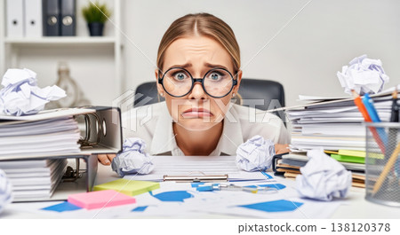 Female accountant surrounded by paperwork and crumpled notes, looking overwhelmed at her cluttered desk with office supplies and plants 138120378