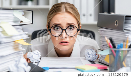 Young female accountant overwhelmed by paperwork and documents, surrounded by crumpled papers and office supplies in a cluttered workspace 138120379