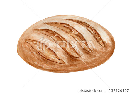 Rustic bread loaf watercolor illustration isolated on white background. Hand painted bakery product with crispy crust texture. Perfect for packaging, menu design, baking concept and food branding Rustic bread loaf watercolor illustration isolated on white background. Hand painted bakery product with crispy crust texture. Perfect for packaging, menu design, baking concept and food branding 138120507