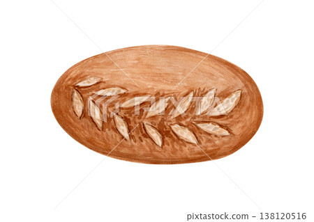 Artisan bread loaf, decorative scoring pattern watercolor illustration isolated on white background. Hand painted rustic bakery product crispy crust. Perfect for packaging, menu design, food branding Artisan bread loaf, decorative scoring pattern watercolor illustration isolated on white background. Hand painted rustic bakery product crispy crust. Perfect for packaging, menu design, food branding 138120516