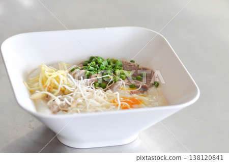 rice gruel or rice porridge or congee with pork ball, pork liver and egg or pork congee rice gruel or rice porridge or congee with pork ball, pork liver and egg or pork congee 138120841