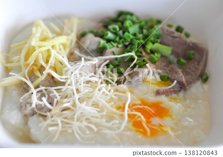 rice gruel or rice porridge or congee with pork ball, pork liver and egg or pork congee rice gruel or rice porridge or congee with pork ball, pork liver and egg or pork congee 138120843