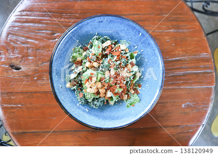 caesar salad or vegetable salad with bacon and crouton 138120949