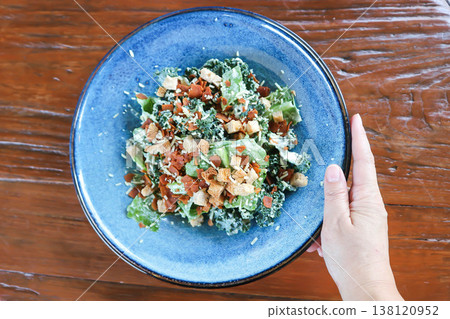 caesar salad or vegetable salad with bacon and crouton 138120952