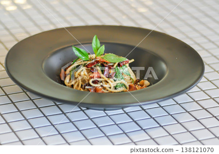 bacon spaghetti ,spaghetti or spicy spaghettior spicy pasta or bacon pasta with chili and sweet basil 138121070