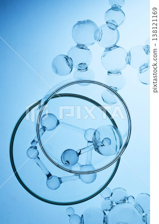 Abstract cosmetic lab. Abstract molecular structure and petri dishes representing science research Abstract cosmetic lab. Abstract molecular structure and petri dishes representing science research 138121169