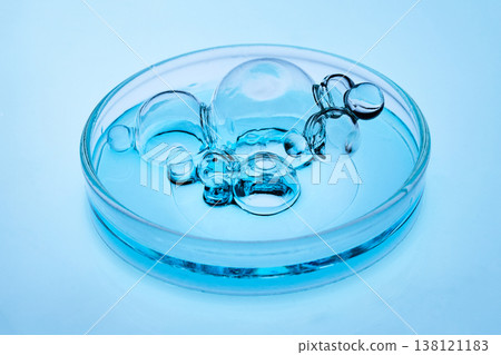 Abstract cosmetic lab. Bubbles in petri dish analyzing chemistry science 138121183