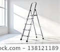 Modern silver aluminum stepladder in empty sunlit room with large window 138121189