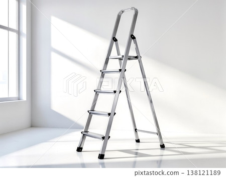 Modern silver aluminum stepladder in empty sunlit room with large window Modern silver aluminum stepladder in empty sunlit room with large window 138121189