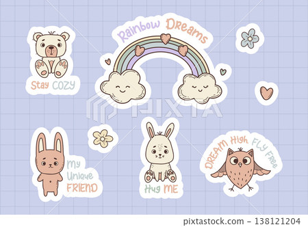 Cute Animal Sticker Pack with Motivational Quotes. Funny Cartoon Bunny, Bear, Owl, Rabbit and Rainbow with Clouds. Vector Illustration. Isolated Pastel Hand Drawn Doodle on Grid Background. 138121204