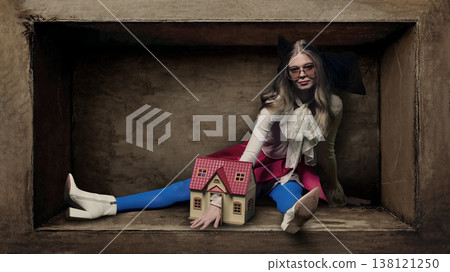 Stylish woman in bright outfit and sunglasses sitting inside box holding miniature house Stylish woman in bright outfit and sunglasses sitting inside box holding miniature house 138121250