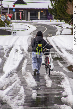 The back view of a girl walking along a snow-covered road, pushing her bicycle. The back view of a girl walking along a snow-covered road, pushing her bicycle. 138121375