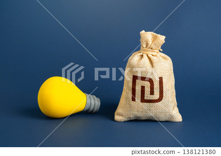 Israeli shekel money bag and lightbulb idea symbolize startup funding. Grants and sponsorship support talent and innovation. Venture capital, business investment, financial backing creative growth Israeli shekel money bag and lightbulb idea symbolize startup funding. Grants and sponsorship support talent and innovation. Venture capital, business investment, financial backing creative growth 138121380