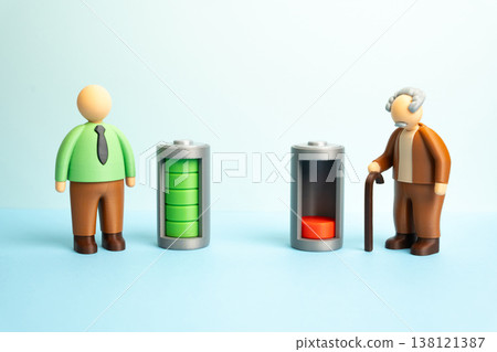 An energetic young man and a frail elderly man contrast life stages. Health and productivity over time. Aging, vitality, and wellness highlight long term care, lifestyle balance, and human longevity An energetic young man and a frail elderly man contrast life stages. Health and productivity over time. Aging, vitality, and wellness highlight long term care, lifestyle balance, and human longevity 138121387