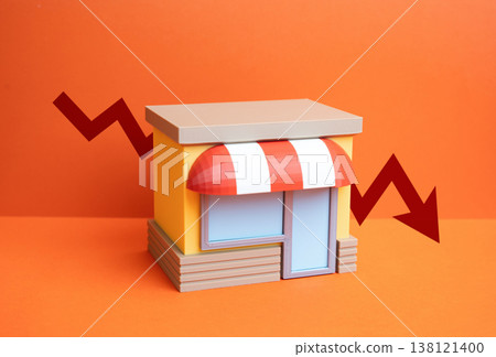 A store and a downward arrow. A decline in customers and demand, declining sales. The store is unprofitable. Businesses are shrinking. Market pressure reduces revenue. Strategy changes are required A store and a downward arrow. A decline in customers and demand, declining sales. The store is unprofitable. Businesses are shrinking. Market pressure reduces revenue. Strategy changes are required 138121400