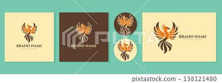 Phoenix logo set with brand identity on teal and brown vector illustration. Phoenix logo set with brand identity on teal and brown vector illustration. 138121480