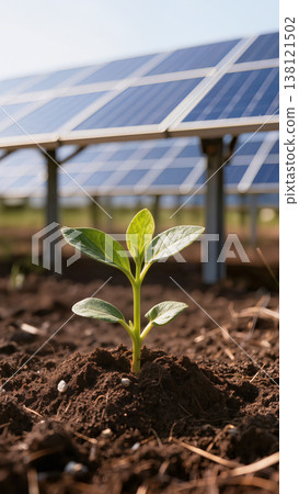 Young green plant sprouting in soil with solar panels in background, symbol of sustainable energy and ecology. Suitable for banners, articles, websites, presentations and environmental projects. 138121502