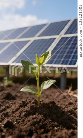 Young green plant sprouting in soil with solar panels in background, symbol of sustainable energy and ecology. Suitable for banners, articles, websites, presentations and environmental projects. 138121503