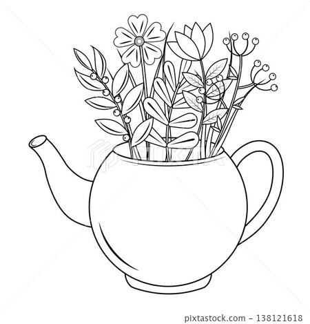 Teapot with bouquet of flowers, black outline, doodle coloring book Teapot with bouquet of flowers, black outline, doodle coloring book 138121618