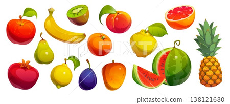 Cartoon raw, ripe fruits, vector food and summer harvest berries. Isolated orange, watermelon slice and peach, apple, pomegranate, banana, pineapple and lemon citrus, ripe mango, kiwi and plum Cartoon raw, ripe fruits, vector food and summer harvest berries. Isolated orange, watermelon slice and peach, apple, pomegranate, banana, pineapple and lemon citrus, ripe mango, kiwi and plum 138121680