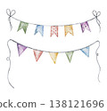 Watercolor Cute multicolor garlands, Colorful flags hanging on isolated background. celebration design element. Hand drawn kids illustration for baby shower greeting cards, birthday banners, and 138121696