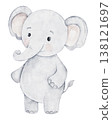 Cute baby elephant hand painted in watercolor. Perfect for a baby boy or girl shower, nursery decorations, or birthday invitations. Kids decor and playful toy. Transparent background 138121697