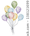 Big bundles of balloons for kids' birthday parties. Colorful Air Balloons. Hand drawn Watercolor illustration with multicolored round Ballons for greeting card, invitation, wall sticker. Transparent 138121699