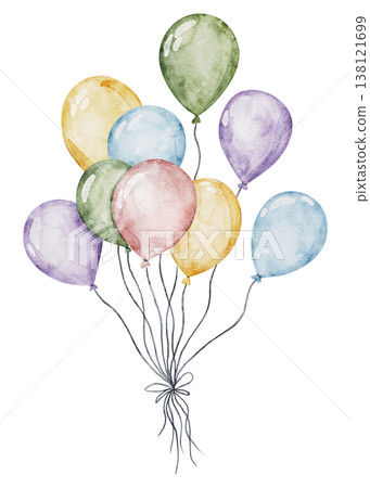 Big bundles of balloons for kids' birthday parties. Colorful Air Balloons. Hand drawn Watercolor illustration with multicolored round Ballons for greeting card, invitation, wall sticker. Transparent 138121699