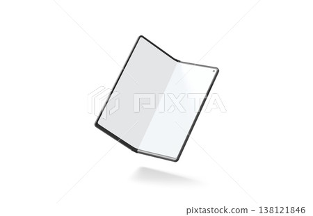 Blank white flexible book phone display half opened mockup png, transparent background, 3d rendering. Empty flip smartphone innovation mock up cut out. Clear transforming clamshell with bent screen. 138121846