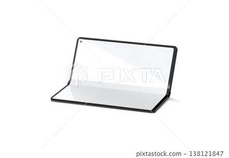 Blank white flexible book phone display half opened mockup png, transparent background, 3d rendering. Empty foldable clamshell led touchscreen mock up cut out. Clear elastic transform gadget template. 138121847