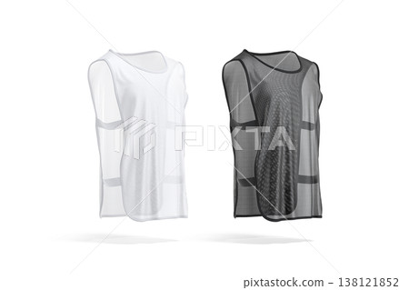 Blank black and white football practice vest with straps mockup png, transparent background, 3d rendering. Empty safety bib for soccer player mock up cut out. Clear sports mesh uniform template. 138121852