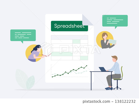 Business professionals who share and collaboratively edit spreadsheets online in a cloud environment. 138122232