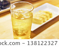 A cold green tea highball with plenty of ice and a rolled omelet. 138122327