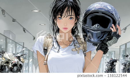 一位年輕的女騎士在摩托車配件商店裡拿著頭盔 | 一張摩托車圖片,展示了裝備選擇。 一位年輕的女騎士在摩托車配件商店裡拿著頭盔 | 一張摩托車圖片,展示了裝備選擇。 138122544