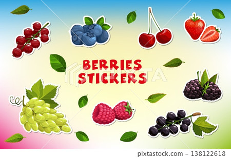 Cartoon berry fruit stickers. Vector ripe strawberry and cherry, fresh blueberry, raspberry and grapes, currant and blackberry with green leaves, cartoon berry stickers set on colorful blur background Cartoon berry fruit stickers. Vector ripe strawberry and cherry, fresh blueberry, raspberry and grapes, currant and blackberry with green leaves, cartoon berry stickers set on colorful blur background 138122618