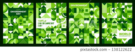 World Environment Day posters with green geometric pattern background, vector ecology and eco nature concept. Green circle, square and triangle abstract shapes pattern posters of World Environment Day 138122622