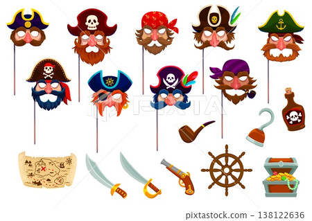 Caribbean pirates party photo booth props and masks, hats, beards, swords, map, hook, and treasure chest with pipe and rum bottle. Cartoon vector party decorations, accessories, for kids and events Caribbean pirates party photo booth props and masks, hats, beards, swords, map, hook, and treasure chest with pipe and rum bottle. Cartoon vector party decorations, accessories, for kids and events 138122636