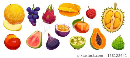 Cartoon tropical ripe raw fruits and berries. Papaya, melon, grapes and tangerine vector citrus fruits. Cartoon durian, feijoa, fig and lychee, peach, durian and pitaya, maracuja, carambola, guava 138122641