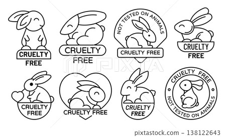 Cruelty free icons with vector line rabbit or bunny animals in heart and round frames. Vegan, natural organic beauty product stamps, makeup cosmetics and perfume badges with cruelty free bunny icons Cruelty free icons with vector line rabbit or bunny animals in heart and round frames. Vegan, natural organic beauty product stamps, makeup cosmetics and perfume badges with cruelty free bunny icons 138122643
