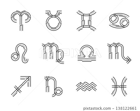 Zodiac horoscope line icons, vector astrology signs. Aries, libra and virgo, cancer, gemini and taurus outline horoscope symbols. Leo, capricorn, pisces and scorpio, aquarius or sagittarius line icons Zodiac horoscope line icons, vector astrology signs. Aries, libra and virgo, cancer, gemini and taurus outline horoscope symbols. Leo, capricorn, pisces and scorpio, aquarius or sagittarius line icons 138122661