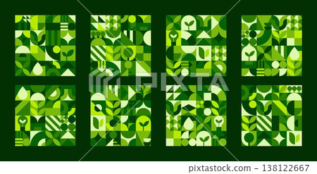 Environment ecology geometric nature pattern tiles. Abstract modern geometric shapes vector backgrounds set with green circles, squares and triangles pattern. Eco green leaves and trees mosaic tiles Environment ecology geometric nature pattern tiles. Abstract modern geometric shapes vector backgrounds set with green circles, squares and triangles pattern. Eco green leaves and trees mosaic tiles 138122667