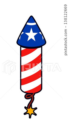 USA independence day firework vintage Y2K sticker or tag. USA country 60s 70s vector tag, United States of America patriotic label. American flag colors patch with stars and stripes on firework rocket USA independence day firework vintage Y2K sticker or tag. USA country 60s 70s vector tag, United States of America patriotic label. American flag colors patch with stars and stripes on firework rocket 138122669