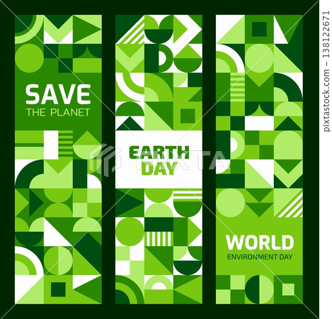 Ecology environment banners with geometric patterns of green circle, triangle and square shapes. Vector ecology and nature conservation banners set with abstract modern pattern for World Earth Day Ecology environment banners with geometric patterns of green circle, triangle and square shapes. Vector ecology and nature conservation banners set with abstract modern pattern for World Earth Day 138122671