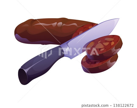 Sausage cutting with knife, food cooking process. Meat meal preparation process, culinary cooking vector concept. Breakfast food, sausage slicing or cutting with chef knife Sausage cutting with knife, food cooking process. Meat meal preparation process, culinary cooking vector concept. Breakfast food, sausage slicing or cutting with chef knife 138122672