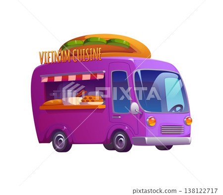 Cartoon vietnamese cuisine food truck bus, cafe vintage foodtruck. Festival cartoon food truck car, vietnamese cuisine vintage cafe vector bus. Street isolated foodtruck van kiosk or mobile booth 138122717