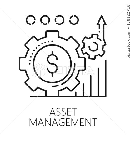 Investment asset management, finance line icon or emblem. Business investor startup outline vector pictogram, capital company icon. Investment asset management sign with cogwheel and dollar sign Investment asset management, finance line icon or emblem. Business investor startup outline vector pictogram, capital company icon. Investment asset management sign with cogwheel and dollar sign 138122718
