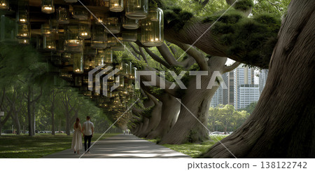 Walking beneath glowing jars. Strolling through mossy canopy with glowing hanging lights Walking beneath glowing jars. Strolling through mossy canopy with glowing hanging lights 138122742