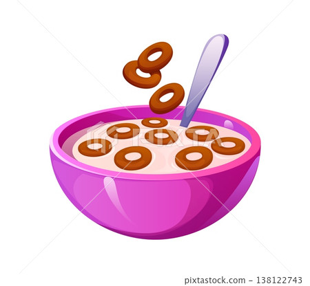 Breakfast bowl with milk and cereal chocolate ring pieces falling inside showing food preparation process with spoon and creamy liquid. Cartoon vector isolated kitchen scene with morning healthy meal 138122743