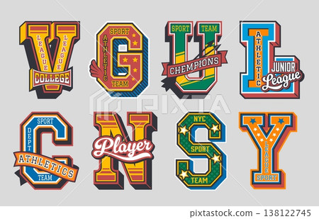 Varsity sport patch labels, retro letter badges with athletic and sports themed embellishments like stars, banners, wings and team slogans. Vector bold typography for school leagues, apparel prints 138122745