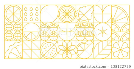 Citrus fruits geometric pattern. Vector abstract background with yellow linear lemons, oranges, drops, leaves and symmetrical segments arranged in grid layout. Minimalistic fresh juice or summer tile 138122759